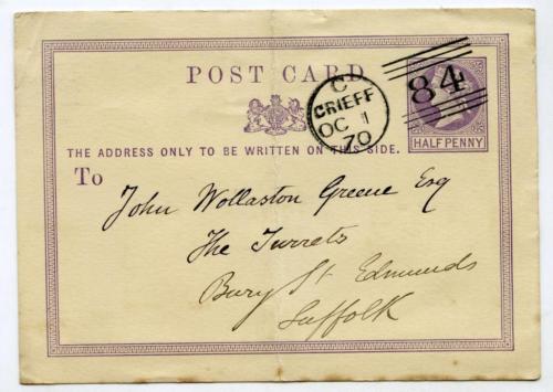 1 Oct 1870 First Day Use of GB Postal Stationery Postcard