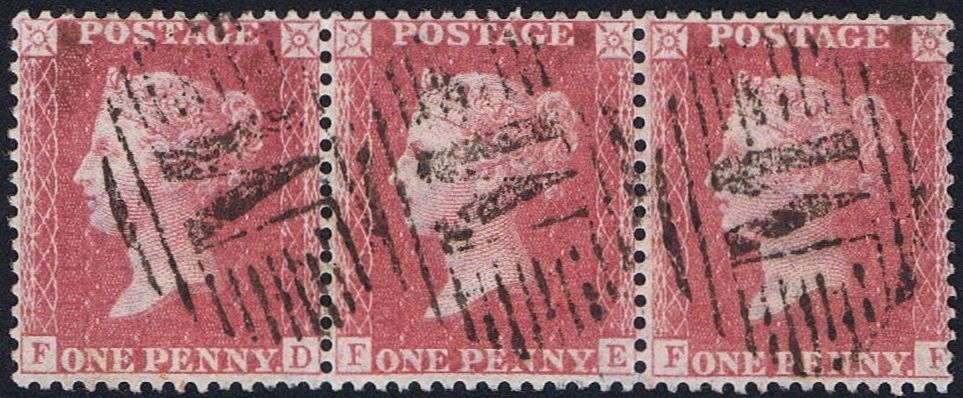 1857 GB Used Abroad 1d Red Pl 49 FDFF Fine Strip of three Malta M cancel scarce
