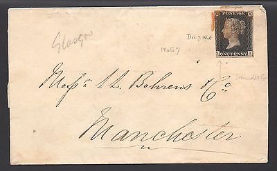 GB QUEEN VICTORIA 1d PENNY BLACK ON 1840 ENVELOPE FROM GLASGOW TO MANCHESTER