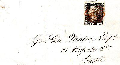 GB QV 1840 PENNY BLACK FROM PLATE 5 TIED WITH VERMILLION CROSS TO WRAPPER