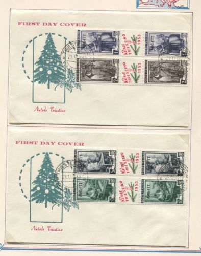 4 FDCs 1953 ITALY NATAL TRIESTINO AMGFTT TRIESTE GUTTER PAIR SET ON BUSH PAGES