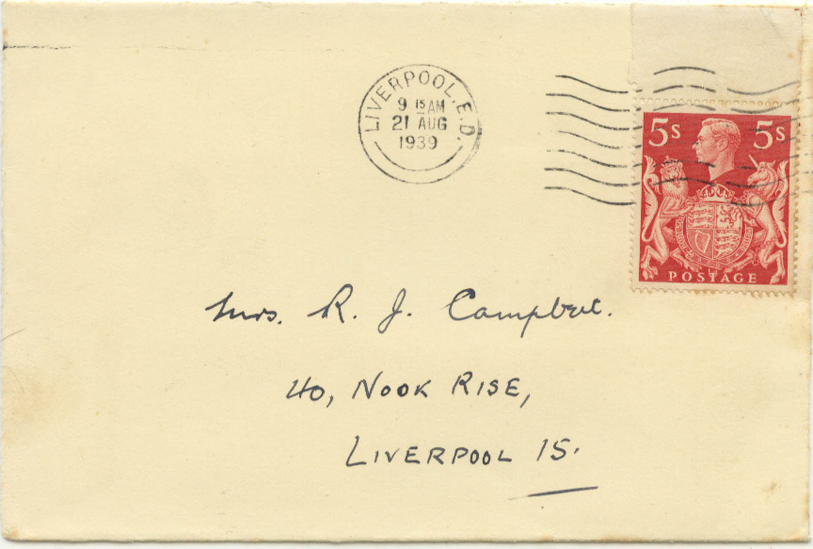 GB 1939 KGVI 5s Red Arms Design Definitive on plain First Day Cover 