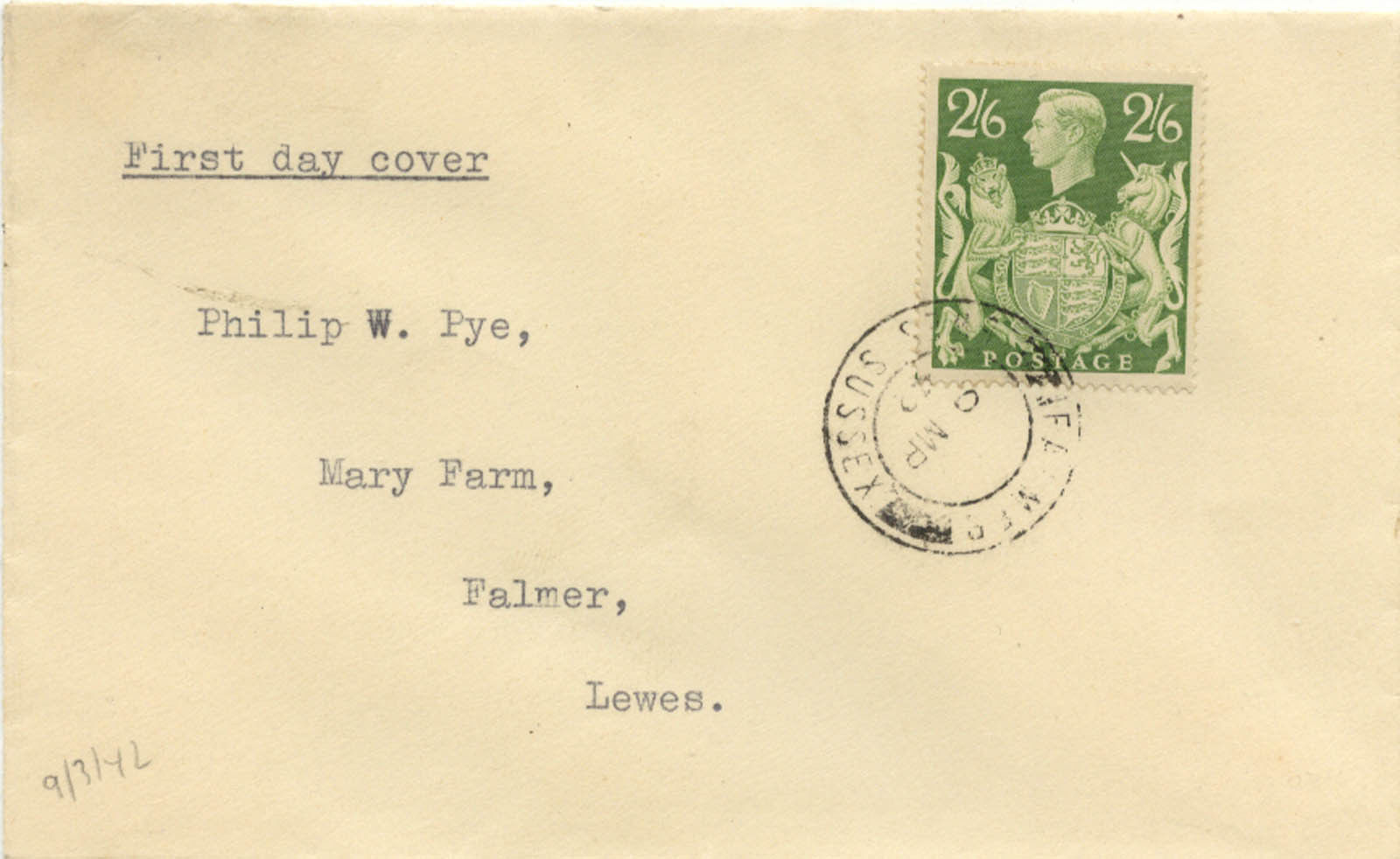 GB 1942 KGVI 2s 6d Yellow Green Arms Design Definitive on plain First Day Cover 