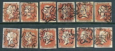 GB 1841 1d redbrown VERY FINE  FULL SET of 12 NUMBERS IN MALTESE CROSS cancels