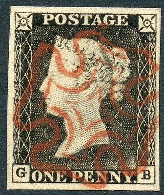 GB 1840 SUPERB 1d greyblack Plate 1a lettered GB  red Maltese Cross Cat 500
