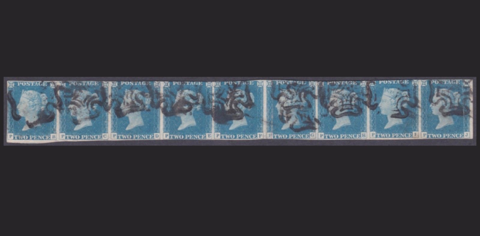 GREAT BRITAIN UK QV 2d BLUE PLATE 1 SUPERB STRIP OF 9 CAT 8100 FOR JUST SINGLES