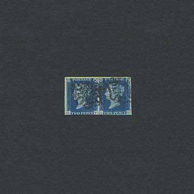 GB QV 1840 SG5 2d blue plate 2 fine used pair four margin example small tear