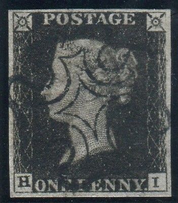 Sg 2 1d Black Plate 6 HI  A superb used 4 margin example with a perfect Cross