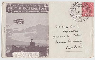 GB 1911 ILLUSTRATED COVER FIRST UK AERIAL POST TO YERCAUD INDIA