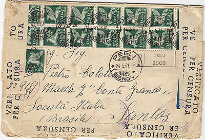 ITALY 1941  registered let  st air mail from Pegli to BRAZIL