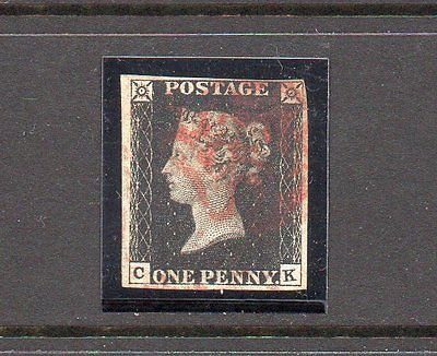 GB  1840 QV 1d Black from Plate 5 4 margins with fine Red MC postmark