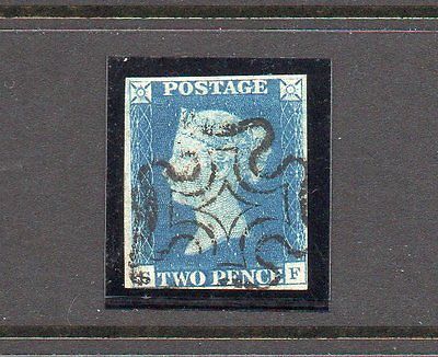 GB  1840 QV 2d Blue from Plate 2 4 margins with fine Black MC postmark
