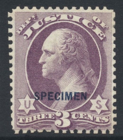 US 1875 Justice Specimen 3c Purple O27S No gum Cat val 1250