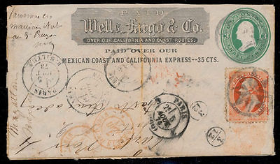 ui54 Mexico Wells Fargo Cover Mazatlan  Paris w US Postage  added US 7c in NY