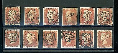 GB  1841  Penny Reds Full Set 12 of No in Maltese Cross 1 to 12 used  J498