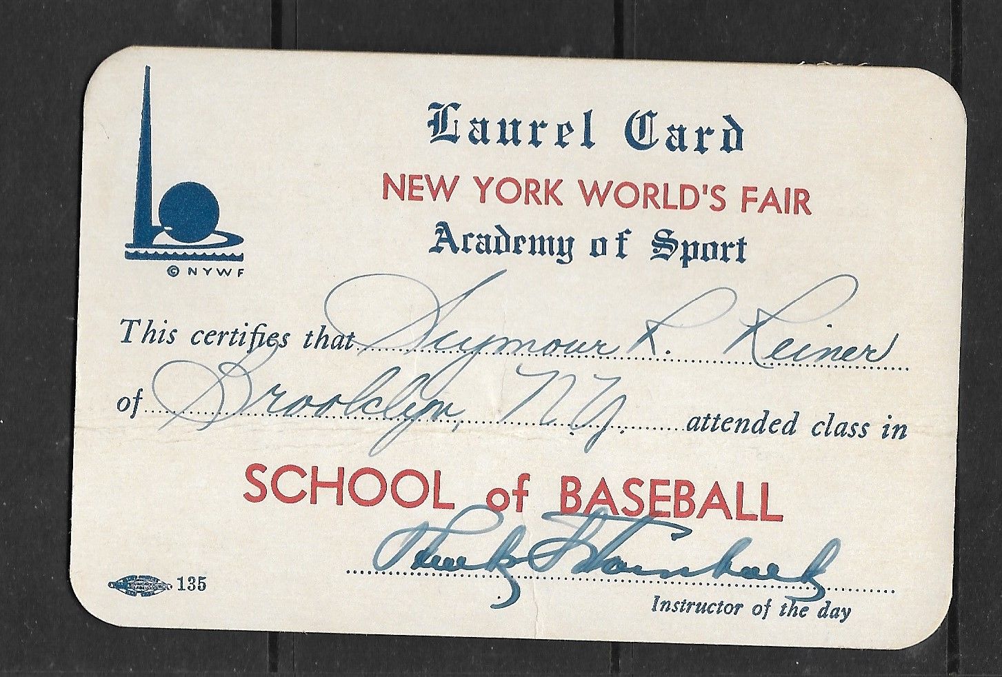 US 1939 NY Worlds Fair signed Laurel Card School of Baseball wletter unique