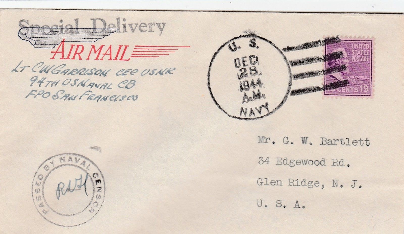 US NAVY FPO SAN FRANCISCO 19c Prexie solo Airmail Special Delivery Censor 1944