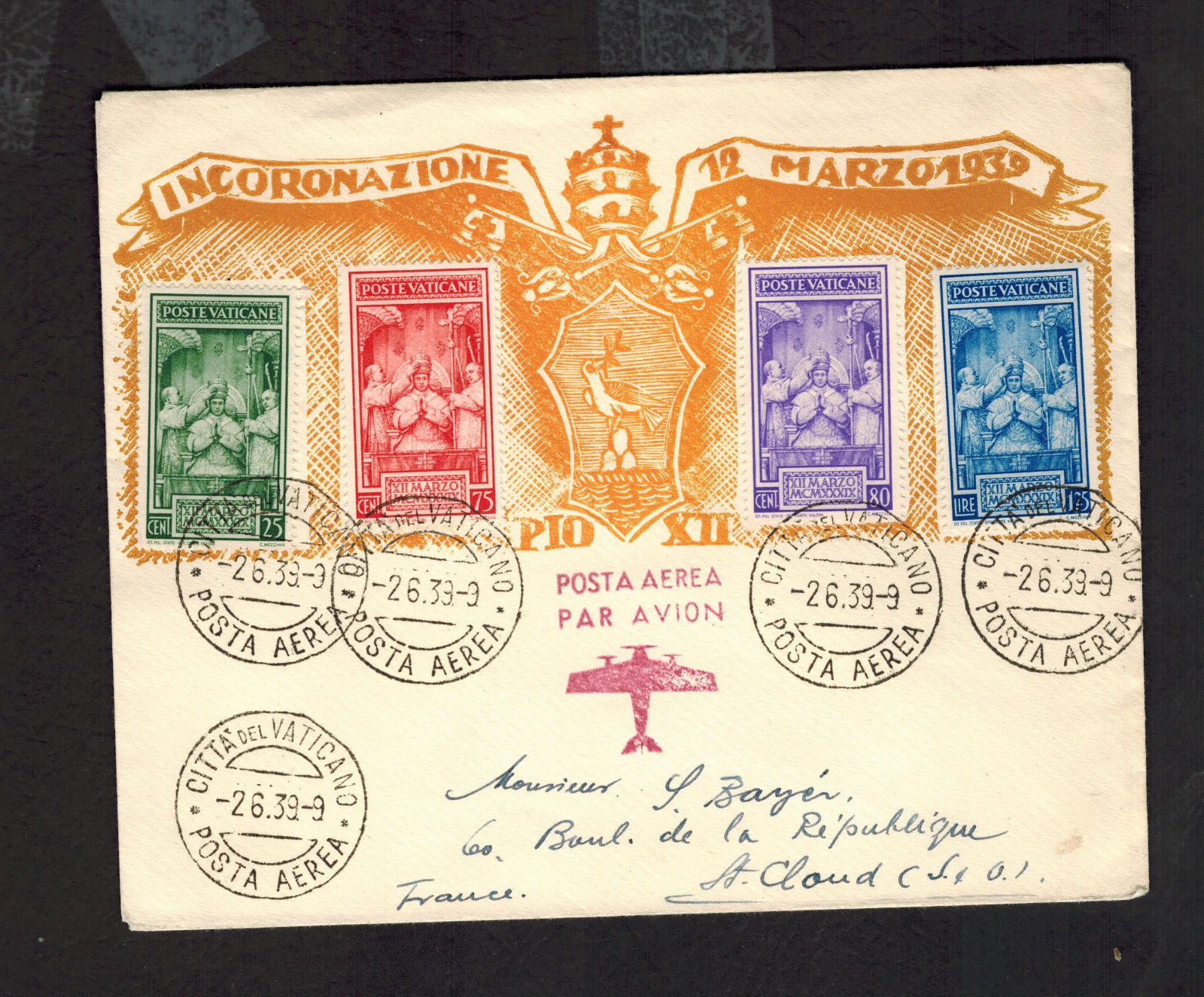 1939 Vatican airmail First Day cover toFrance Coronation of Pope Pius 12  6871