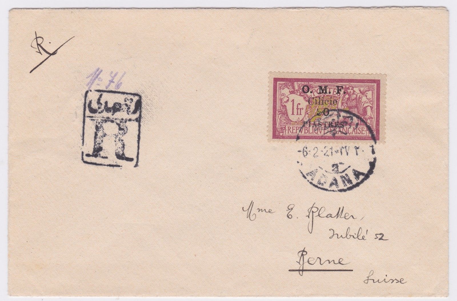 Turkey France Cilicia 1921 Registered Cover OMF 50pia1f sent to Switzerland
