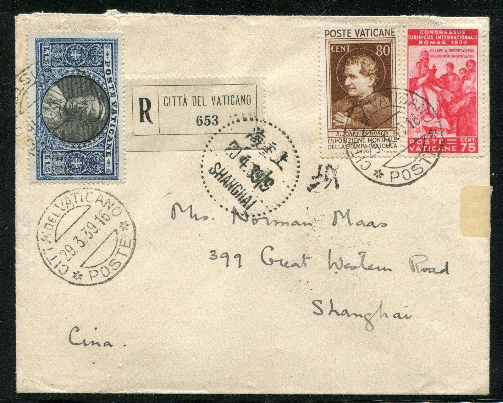 VATICAN CITY 1939 Registered Cover to Shanghai China