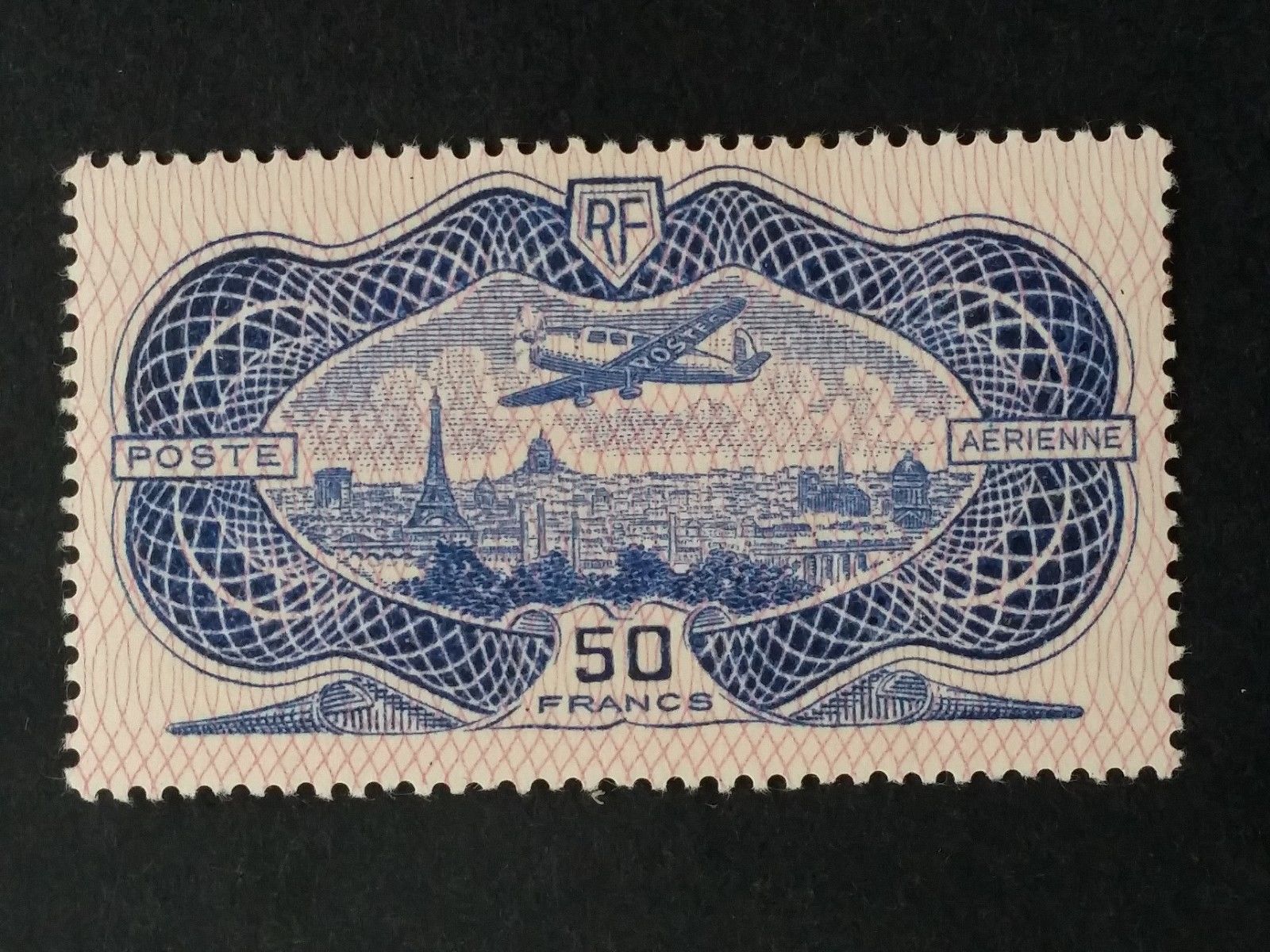 RARE 1936 France 50Fr violetpink Caudron Simoun Over Paris Airmail stamp Mint
