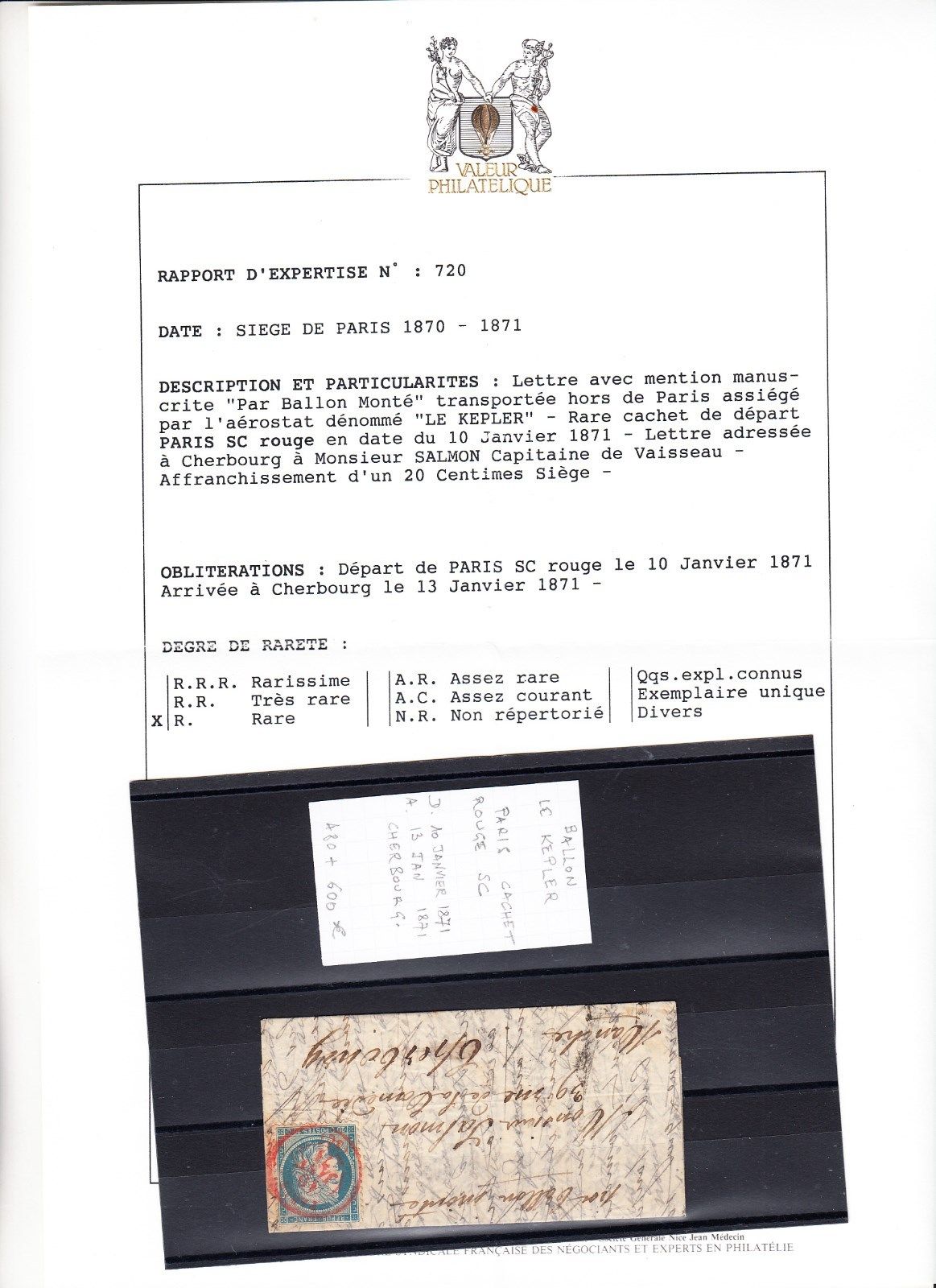 FRANCE  BALLON MONTE LE KEPLER cachet PARIS SC rouge 10011871 certificat