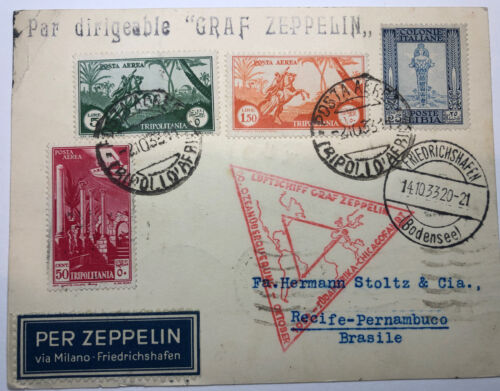 1933 Germany Graf Zeppelin LZ 127 Airmail Postcard Cover Milan Italy To Brazil