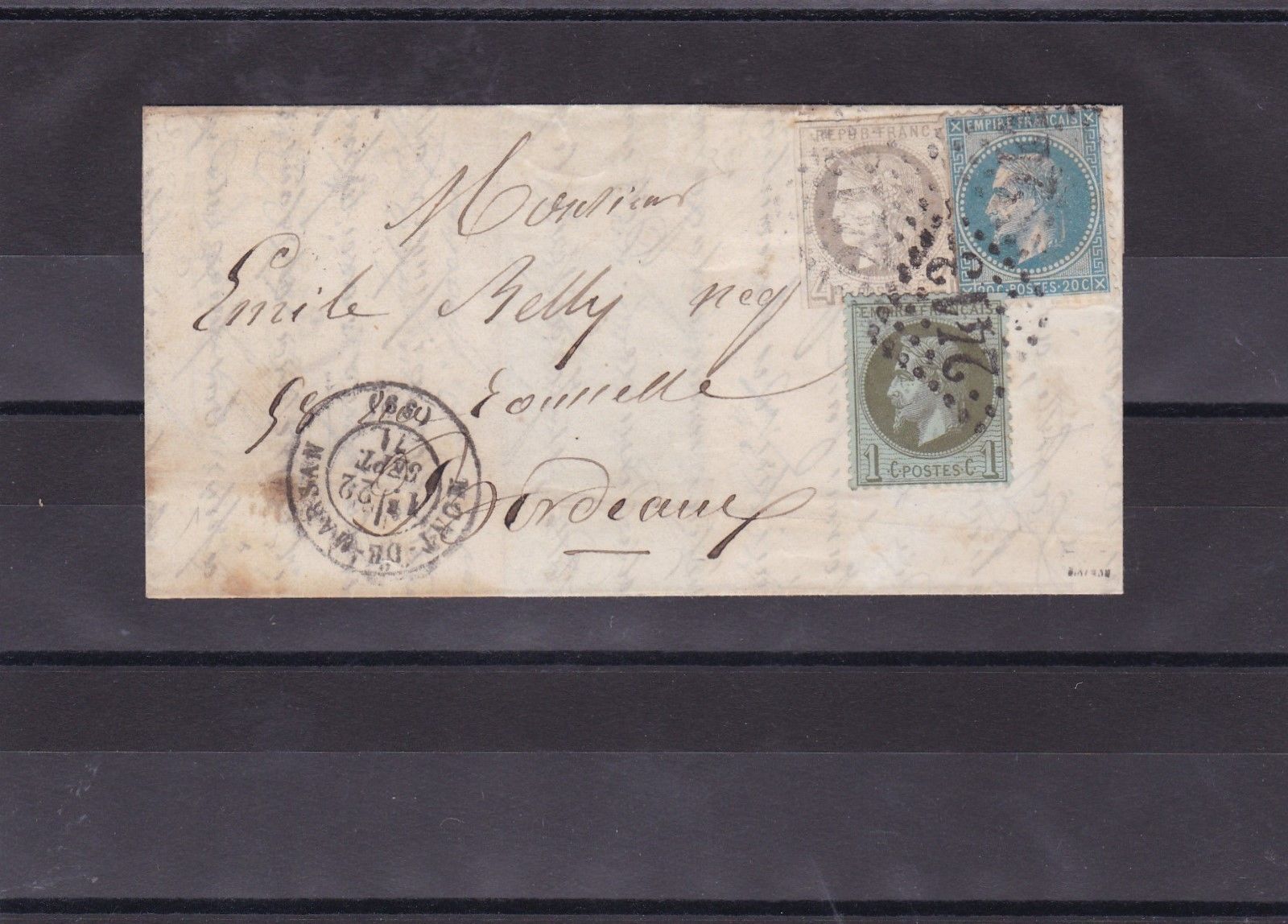 FRANCE lettre avec n 29 41  25  du 22 septembre 1871 mont de marsanbordeau
