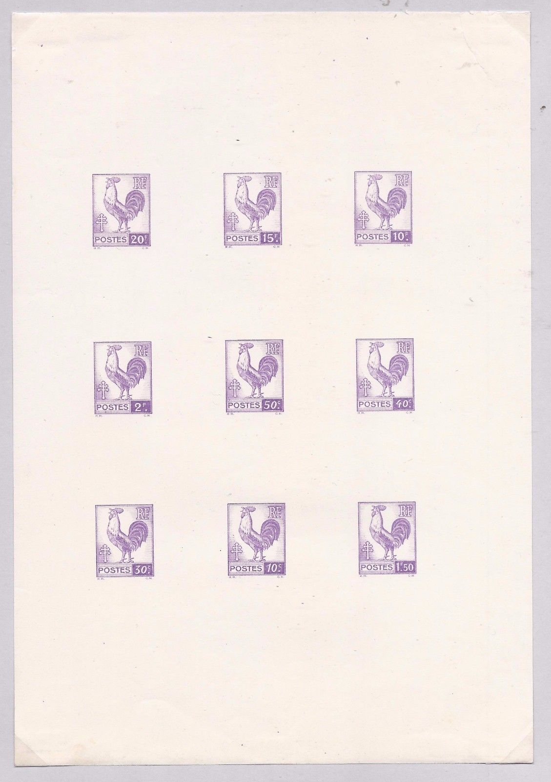 France 1940s Gallic Cock proof sheet of 9 values in violet shade