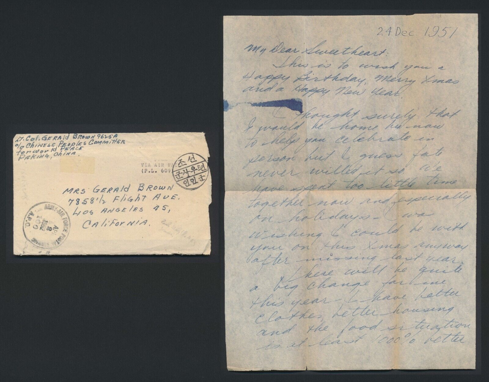 1951 KOREA POW COVER TO USA CARE OF CHINESE PEOPLES COMITTEE KOREAN WAR LETTER