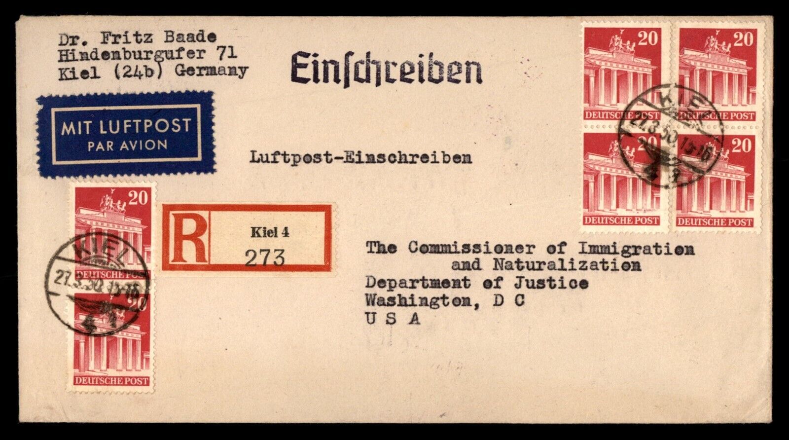 Mayfairstamps Germany 1950 Kiel to DOJ US Washington DC Registered Airmail Cover