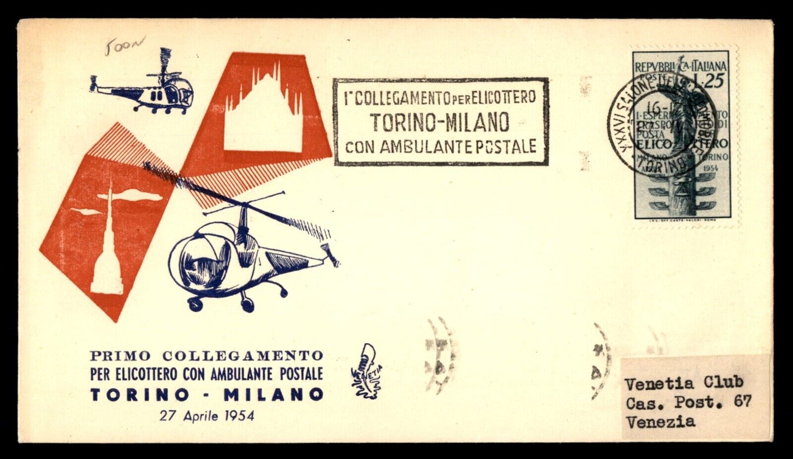 Mayfairstamps Italy 1954 TorinoMilano Venetia Helicopter Flight Cover aaf58905