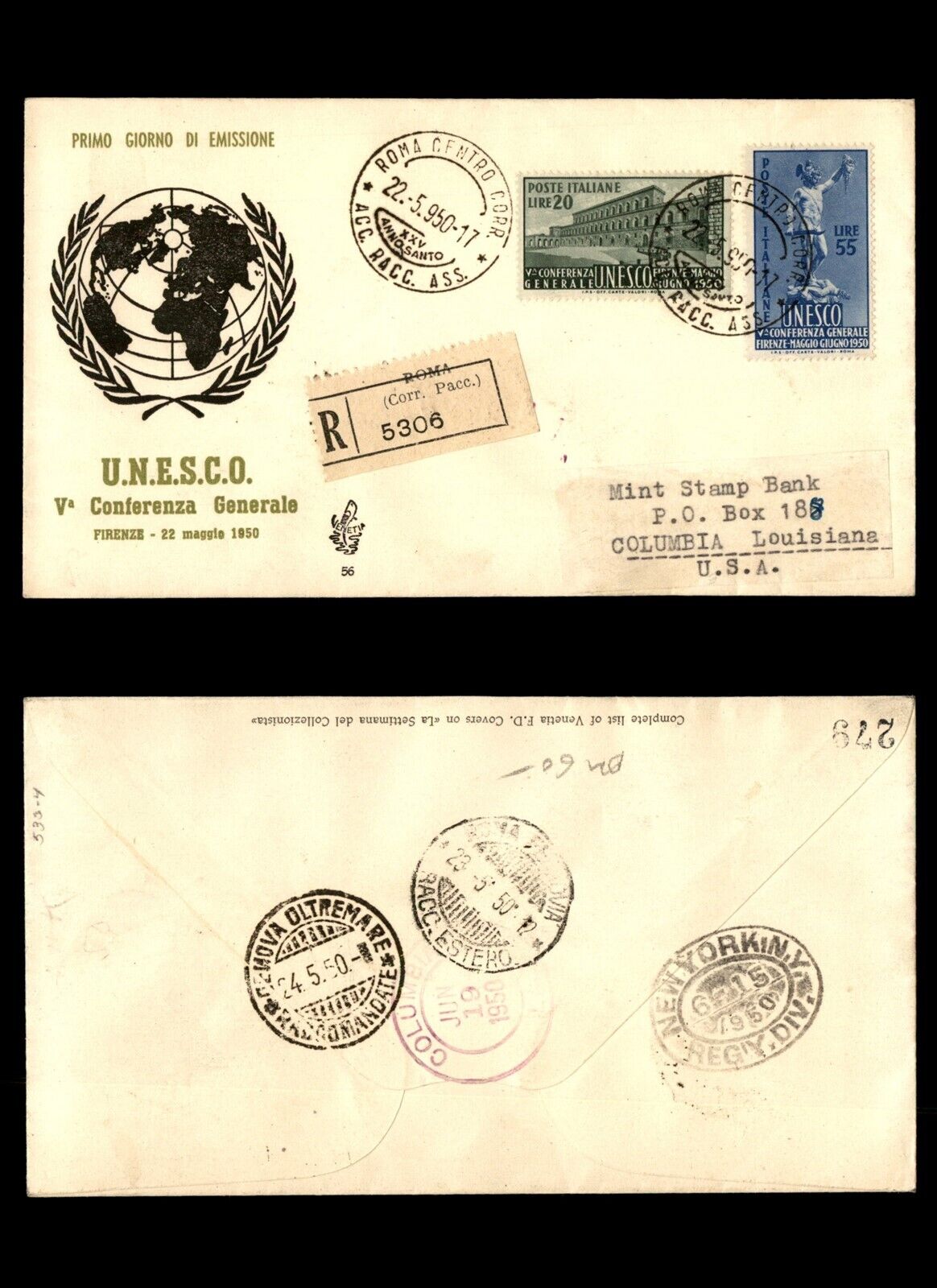 Mayfairstamps Italy 1950 UNESCO Venetia Cachet With Arrival To US Sc 533534 Reg