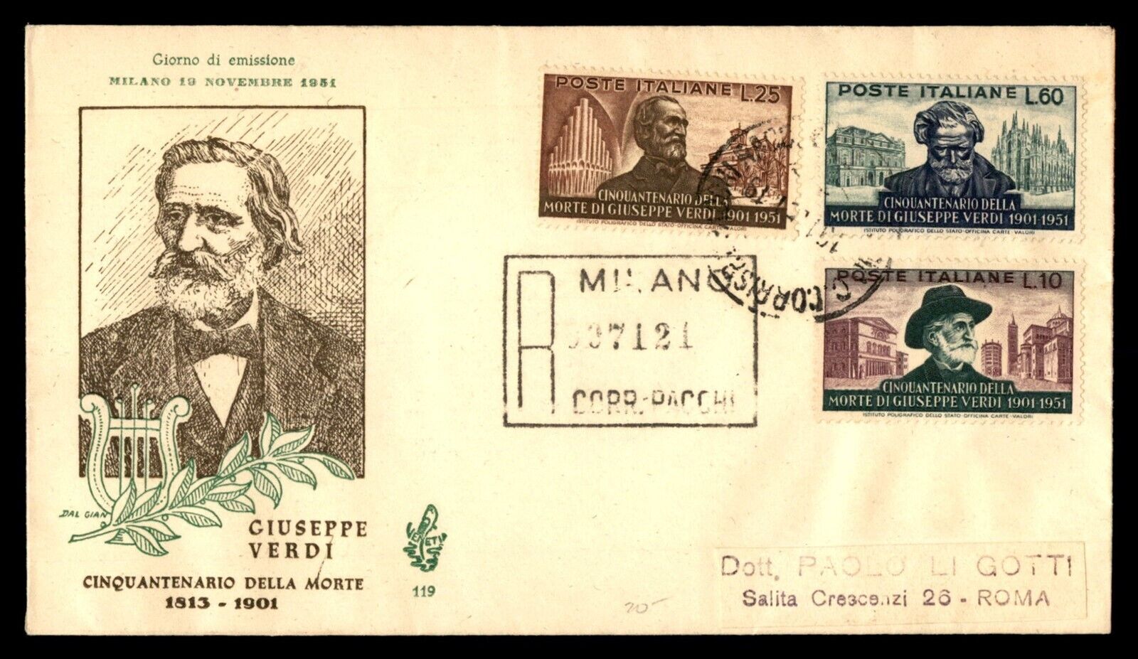 Mayfairstamps Italy 1951 Giuseppe Verdi Venetia Cachet Registered Combo first Da