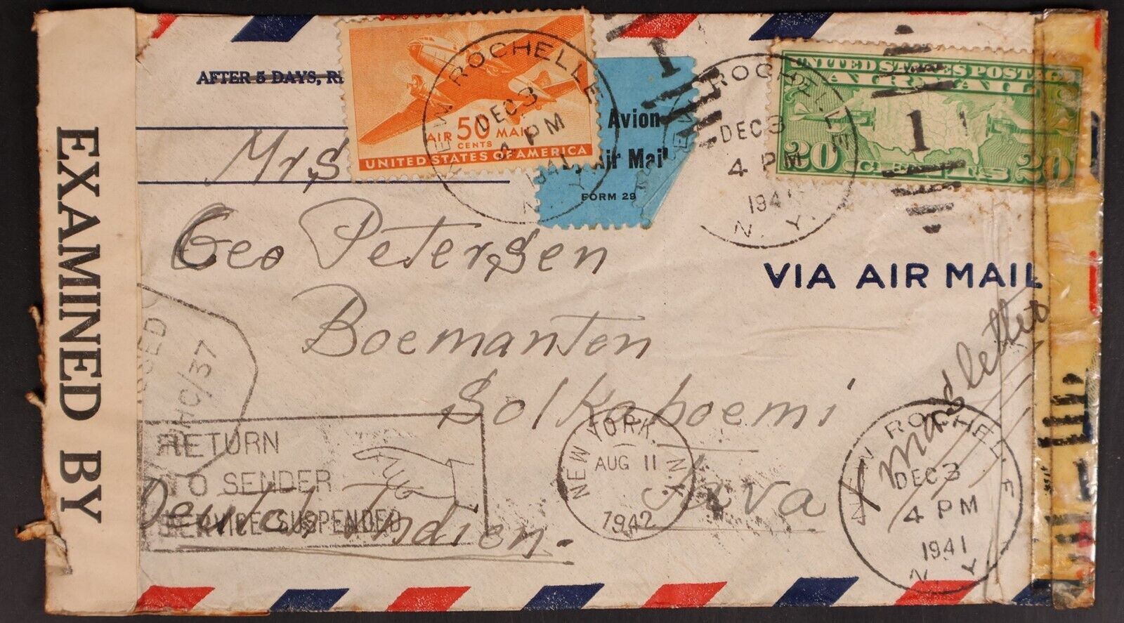 Mayfairstamps US 1941 Rochelle NY Dec 3 To Java Double Censor Return To Sender W
