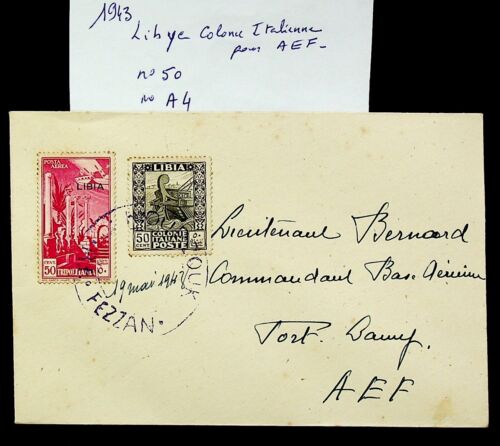 SEPHIL ITALY LIBIA 1943 WWII 2v ON COVER FROM FEZZAN TO FORT LAMY AEF