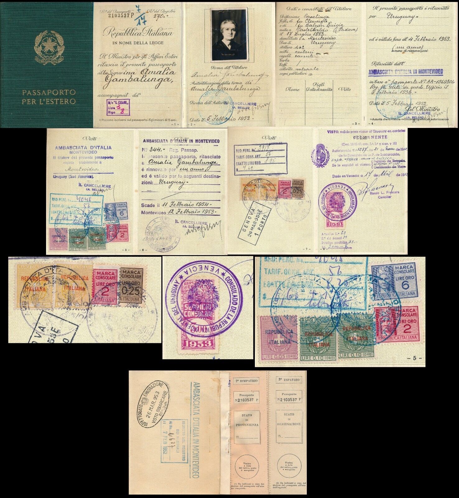 ITALY 1952 FOREIGN COMPLETE PASSPORT WITH 10 DIFFERENT REVENUE STAMPS  N15