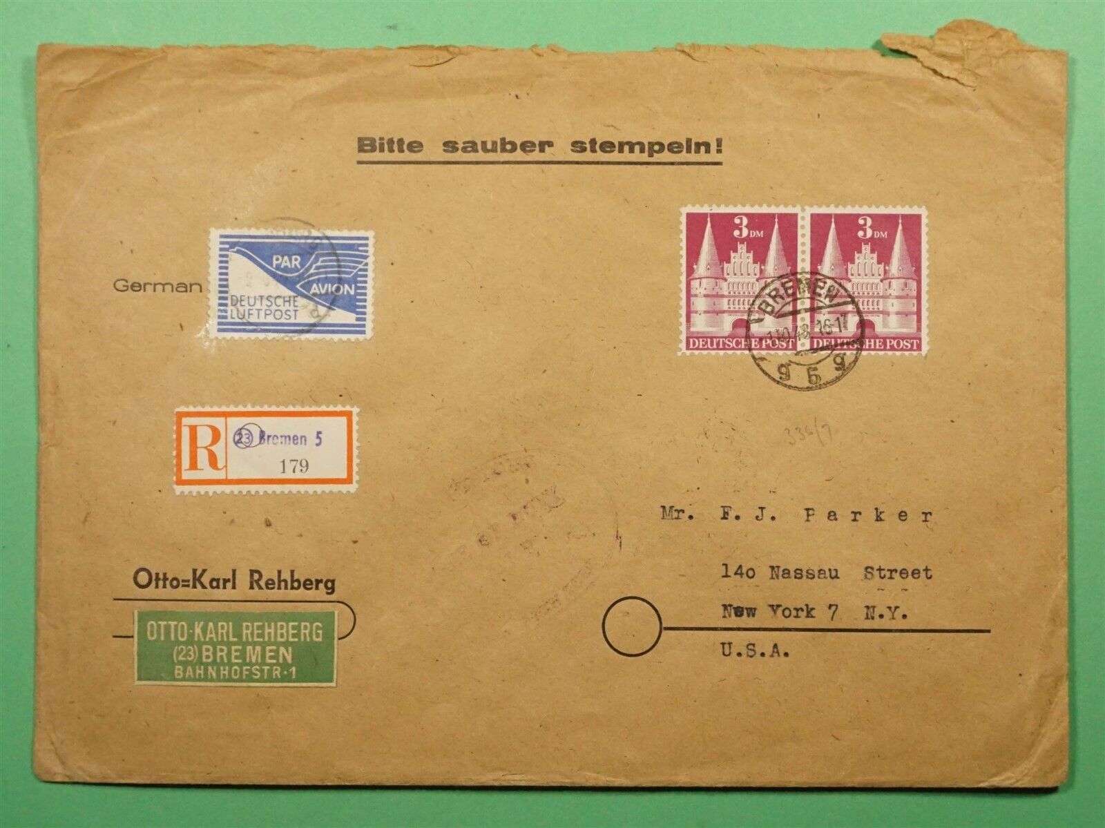 DR WHO 1948 GERMANY BREMEN REGISTERED AIRMAIL TO USA LC327718