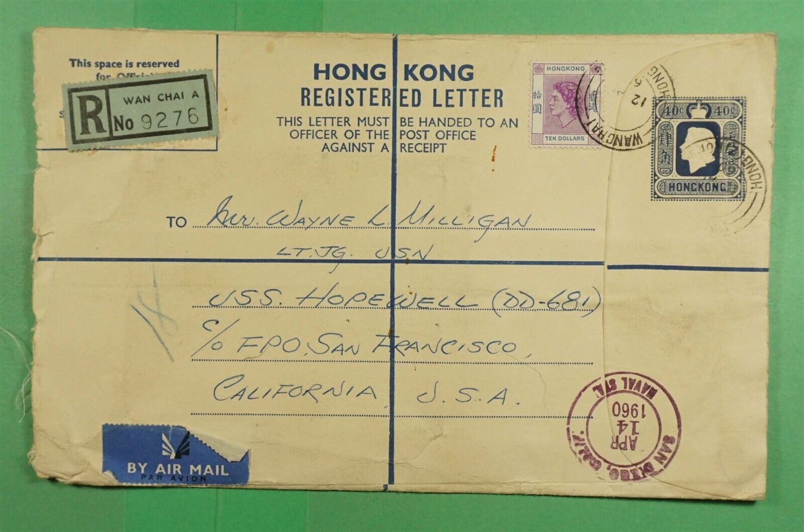 DR WHO 1960 HONG KONG UPRATED REGISTERED WAN CHAI TO USA AIRMAIL j40324