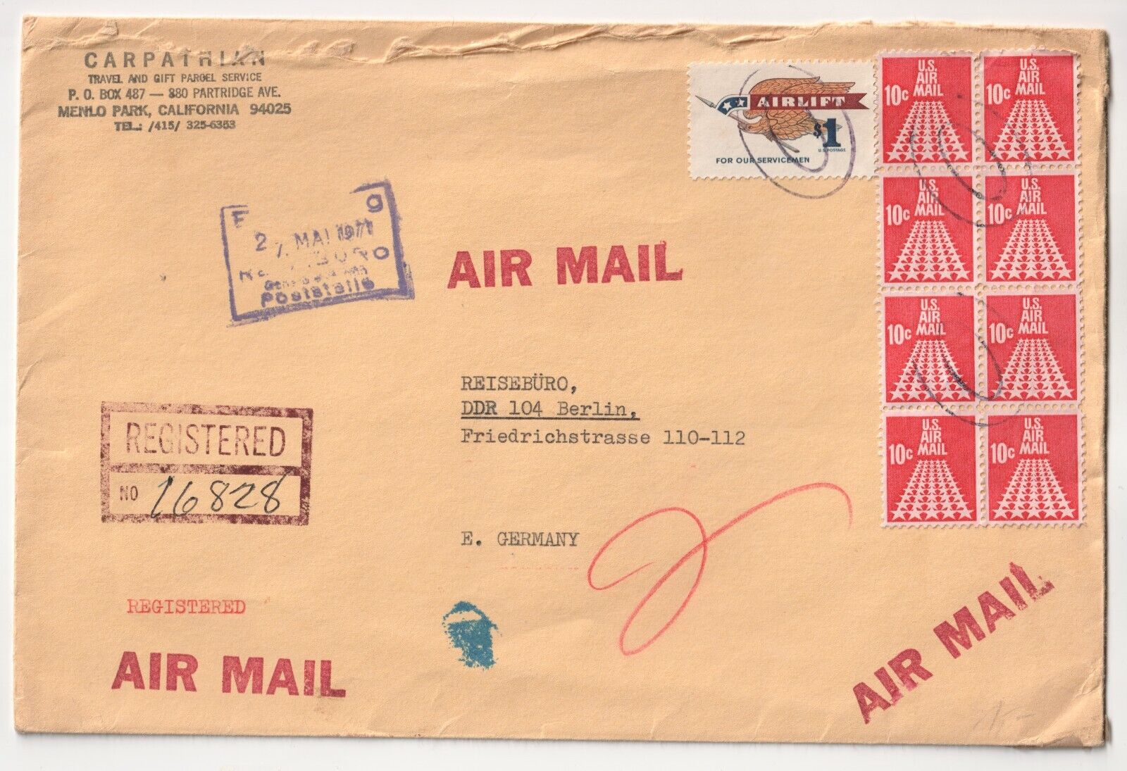 US 1971 AIRLIFT franking registered airmail cover to Germany