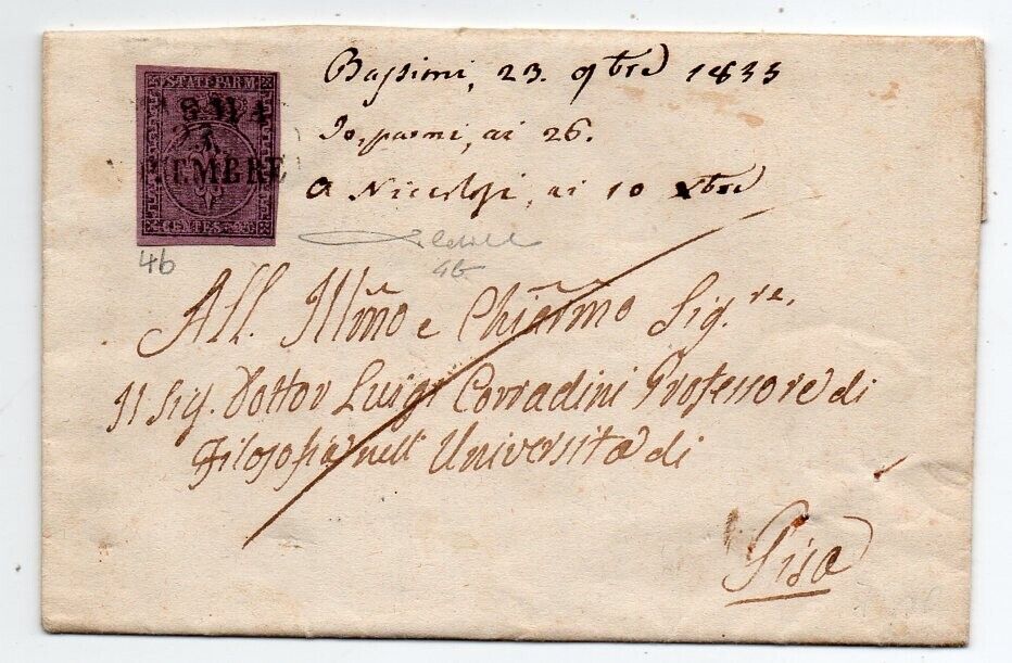 1855 ITALY PARMA COVER SA4b 25c TWO GRECHE LARGHE VARIETY 825000 CERTIFICATE