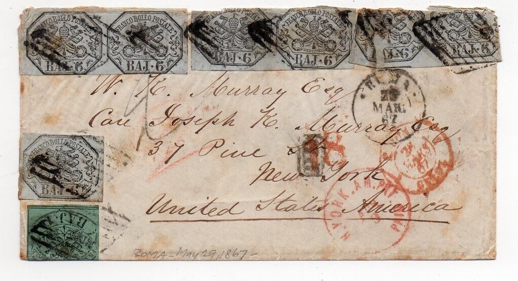 1867 ITALY ROMAN STATES COVER TO USA 6b x 3 PAIRS  SINGLE  1b STAMP WOW