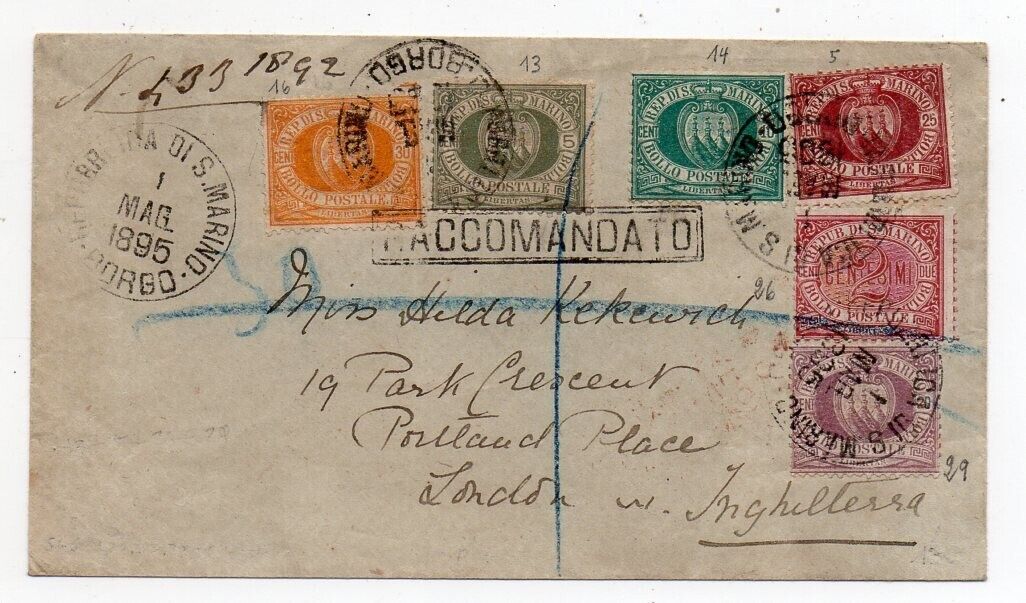1895 SAN MARINO ITALY TO GREAT BRITAIN 6 COLORS FRANKING REG COVER UNIQUE KNOWN