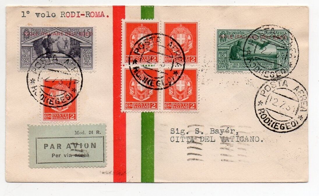 1931 EGEO GREECE  ITALY MIXED FRANKING FIRST FLIGHT COVER TO VATICAN RARITY
