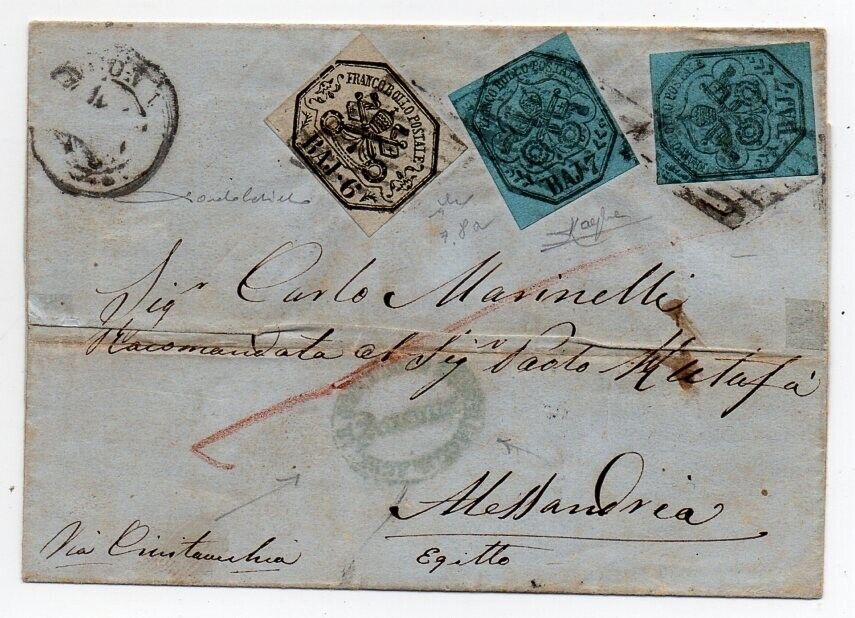 1863 ITALY ROMAN STATES TO EGYPT COVER SA7a8 BICOLOR FRANKING LK