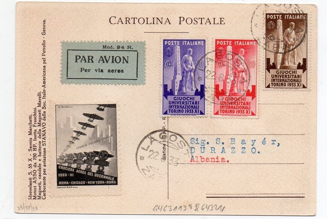 1933 ITALY TO ALBANIA FIRST FLIGHT COVER CINDERELLA CROCIERA CARD RARITY