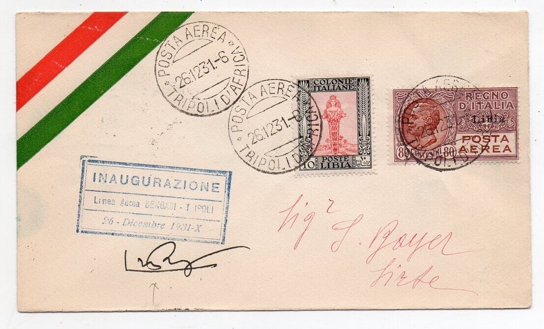1931 LIBYA ITALY FIRST FLIGHT COVER TRIPOLI TO SIRT 75000 STAMPS PILOT SIGNED