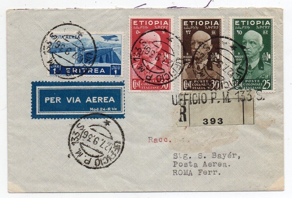 1936 ETHIOPIA  ERITREA TO ITALY FIRST FLIGHT COVER FEW KNOWN TOP RARITY