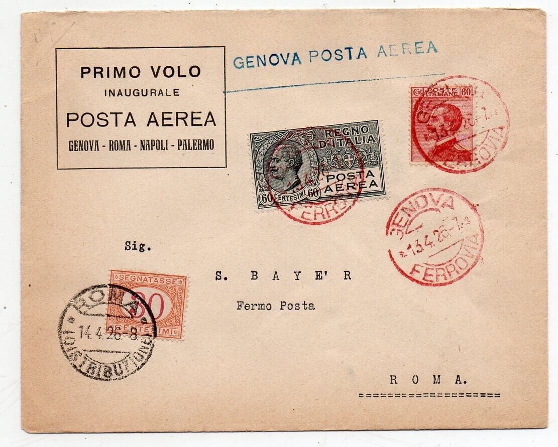 1926 ITALY FIRST FLIGHT COVER GENOVAROMA RARE COLOR PMKS 30 KNOWN WOW