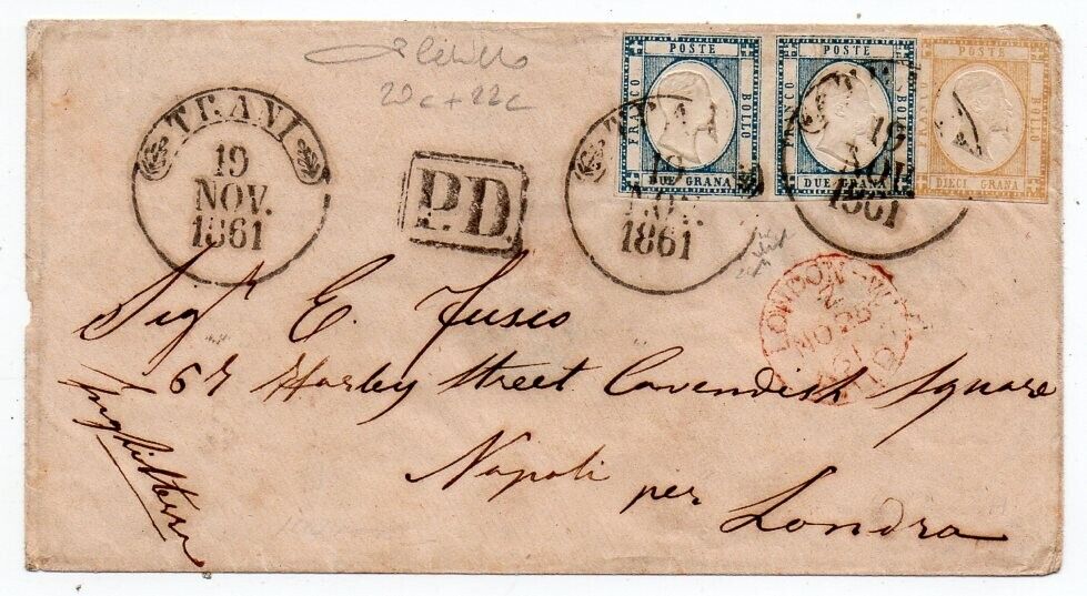 1861 ITALY NEAPOLITAN PROVINCES TO ENGLAND COVER SA20c PAIR22c 3300000